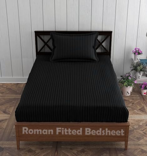 Evan 300 Tc Cotton Satin Stripes Elastic Fitted Plain Single Bedsheet With One Pillow Covers Size: 60 * 90 Inch(Black)
