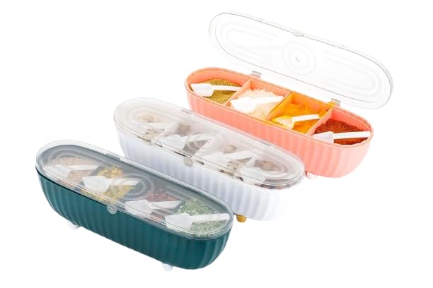 Fodgo Food Storage Container, Masala Container For Kitchen, 4 Compartment Storage Box With 4 Spoons, Cereal, Dry Fruits, Candy, 