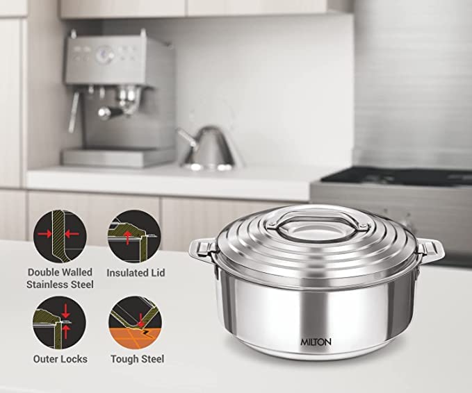 Milton Casserole For Hot Food, Insulated Stainless Steel Hot Pot With Lid, 84 Oz (2500 Ml) 2.6 Qt, Serving Box (Bowl, Dish) For