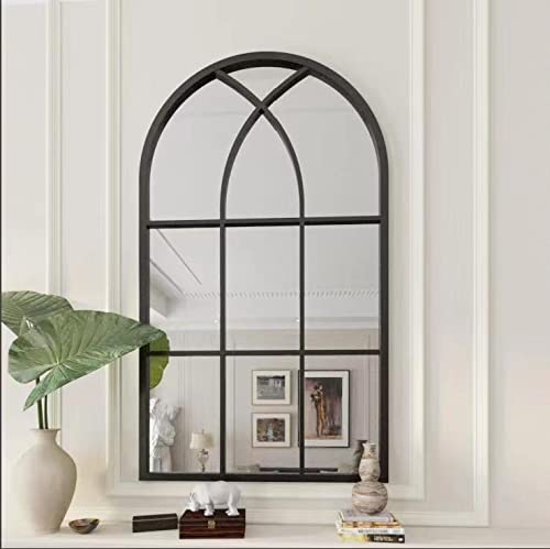 ironsmithn Arched Window Mirror, 41.3x24 Grid Mirror, Large Windowpane Mirror, Black Metal Arch Mirror for Living Room Fireplace
