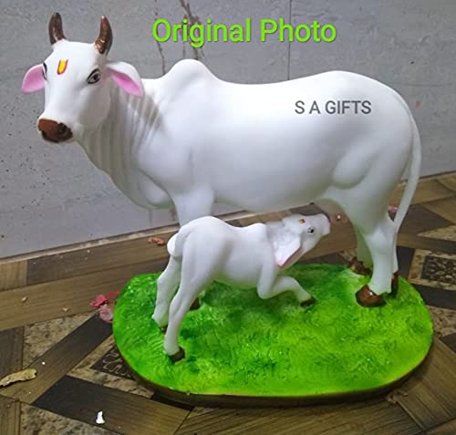 S A Gifts Sai Amrut Handicraft Decorative Polystone Cow And Calf Big Statue/Idol For Gift Home Decor 7 Inch (Marble Cow), White