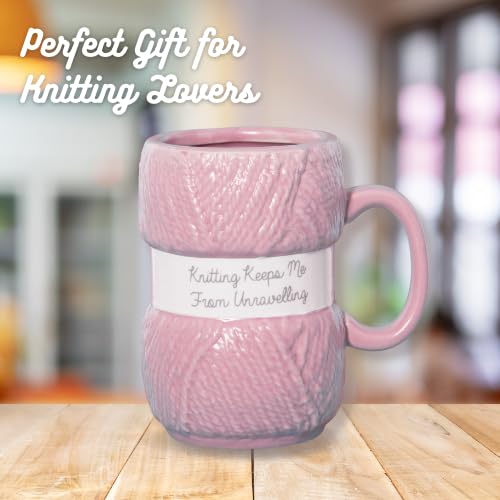 Boxer Gifts 'Knitting Keeps Me From Unraveling' Novelty Knitting Gift Mug | Light Pink Colour With Realistic Yarn Detailing | Am