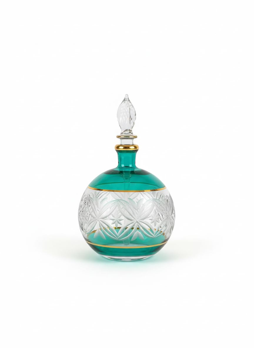Les Trois Pyramides Engraved Green Perfume with 14K Gold Detailing | HandBlown Refillable Glass | Egyptian Glass Art for Perfum