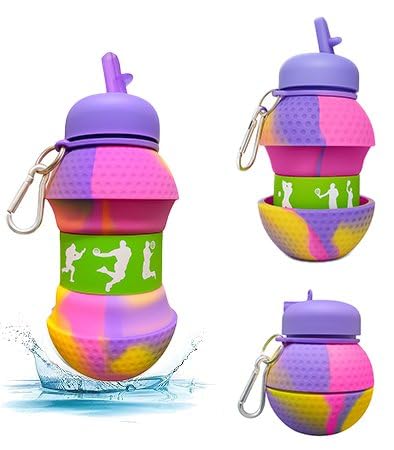 Jukusa Golfball Design Collapsible Water Bottle 550Ml. | Bpa-Free Silicone, Leak-Proof Spout, Food Grade, With Carabiner Clip | 