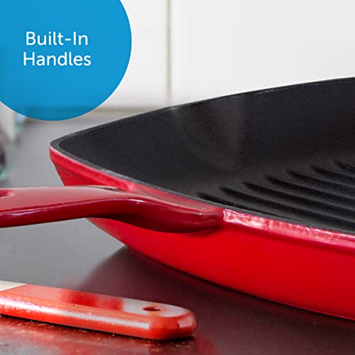 Bk Bourgogne Enameled Cast Iron Induction Nonstick Grill Pan, Pfas Free, Dishwasher Safe, Chili Red