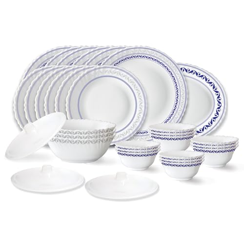 Larah By Borosil Jazzblue Fluted Series Opalware Dinner Set | 31 Pieces For Family Of 6 | Microwave & Dishwasher Safe | BoneAsh
