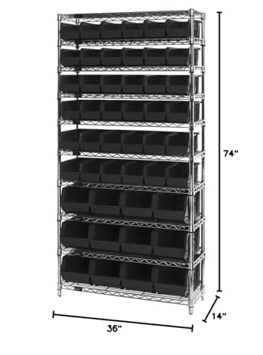 Bin System Unit, Stationary, Includes: (4) 74H Posts, (10) 36W X 14D Wire Shelves, (36) Qus230 And (12) Qus240 Black Bins, Chrom