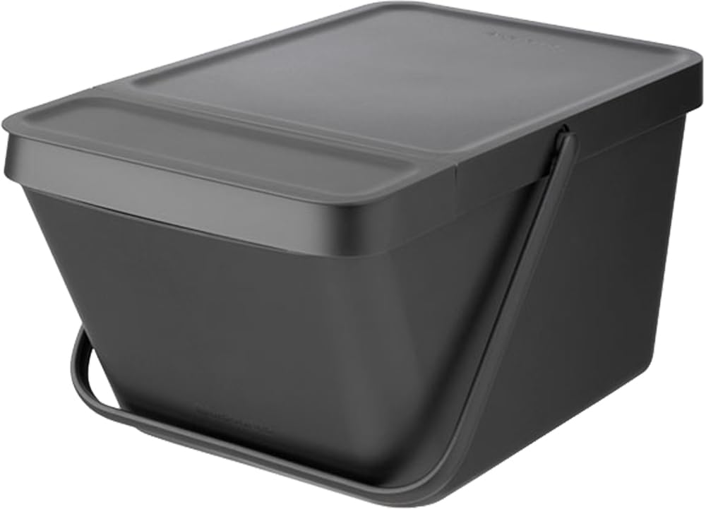 Brabantia Sort & Go Stackable 5.3 Gallon Recycling Wastebasket (Dark Gray) Flat Top Trash Can With Carry Handle, Storage Bin, Pa
