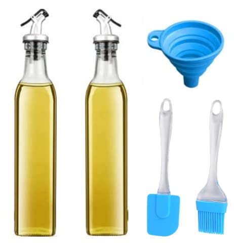 Kettlekane 500Ml Glass Oil Dispenser With Silicon Funnel, Oil Brush And Spatula (2Pc Oil Bottle + 1Pc Funnel + 1Pc Silicone Oil 