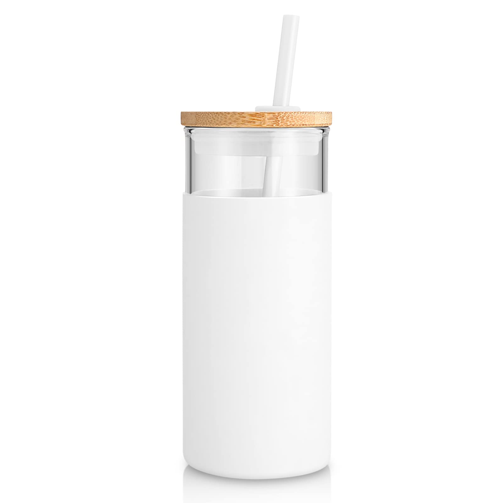 Tronco 20 Oz Glass Tumbler Glass Water Bottle Straw Silicone Protective Sleeve Bamboo Lid - Bpa Free - White