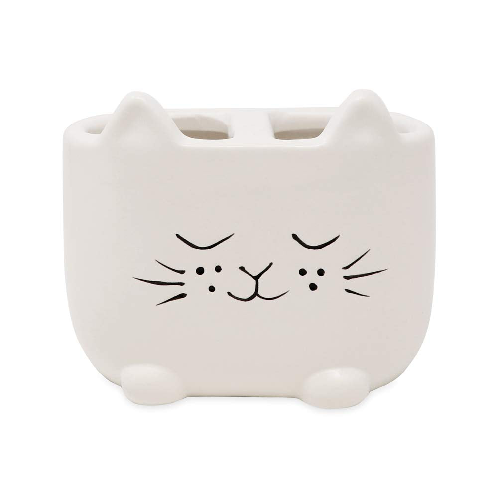 Isaac Jacobs White Ceramic Cat Makeup Brush Holder  Multi-Purpose 2-Section Organizer. Bathroom  Kitchen  Bedroom  Office D?or (2-Section Cup  Pastel White)