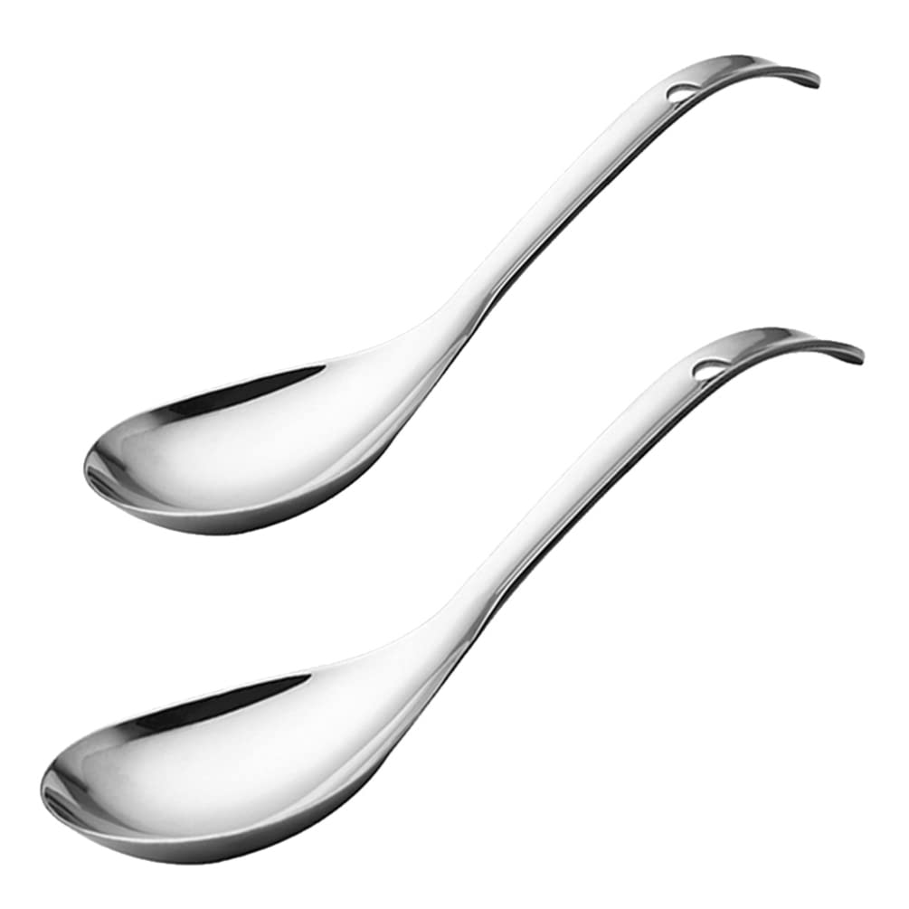 Cabilock Stainless Steel Soup Spoon Ladle: 2Pcs Metal Silver Rice Spoons Long Handle Dinner Spoons For Ramen Pho Wonton Dumpling