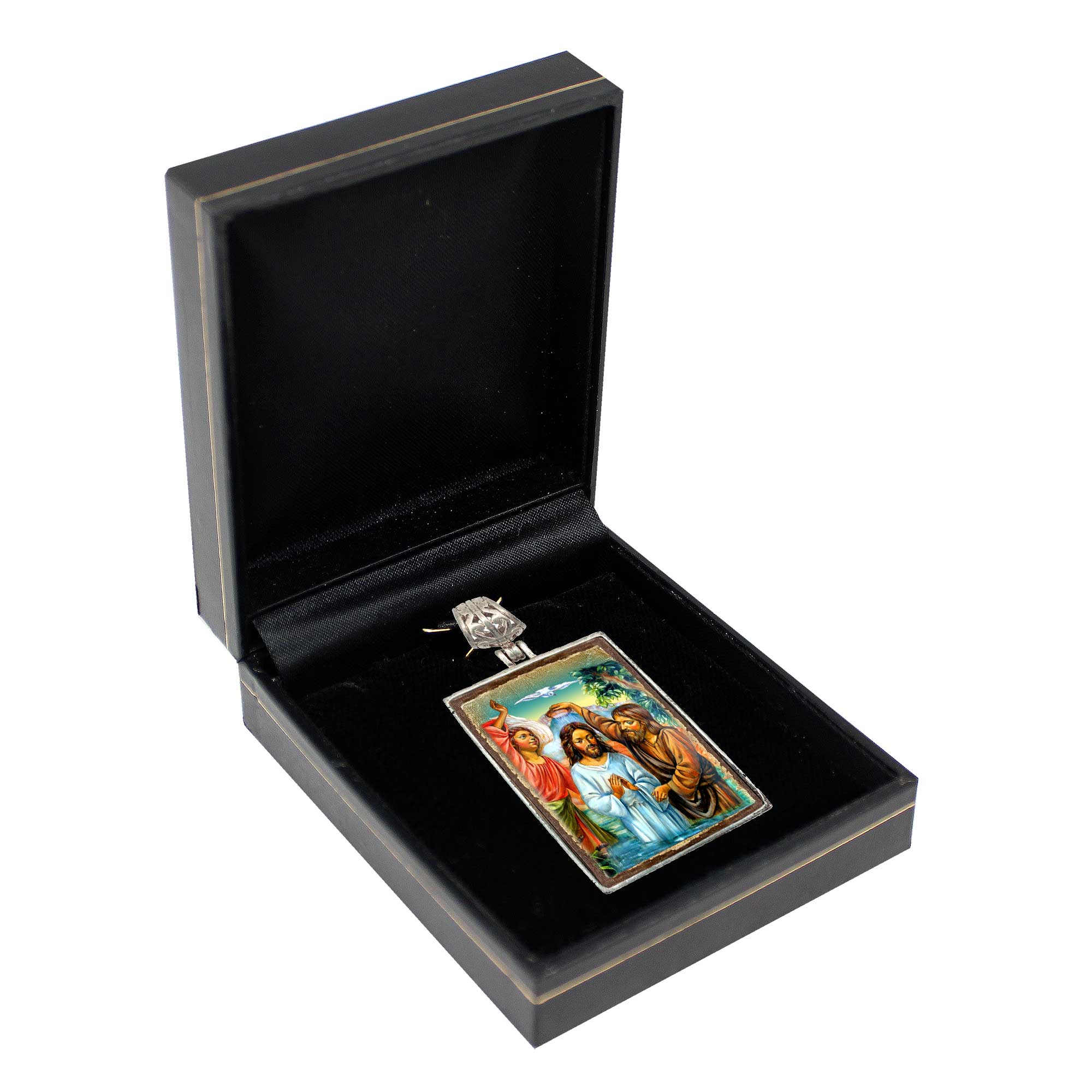 The Holy Family Religious Jewelry Silver Plated Necklace, Gold-Plated Wooden Cabochon - Orthodox Sacred Icon - Inspirational Icon Decor - 43020R