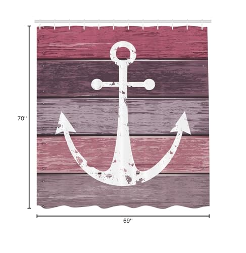 Ambesonne Anchor Shower Curtain, Sailor Marine Theme On Wooden Planks In Rustic Pinkish Tones Drawing Picture, Fabric Decor For