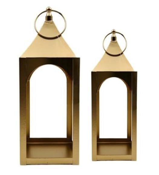 Hosley Set of 2 Modern Metal Lanterns, Gold, Classic Style, Ideal for Parties, Weddings, Aromatherapy, LED Spa Settings, Home De