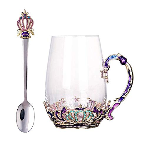 Swthony Glass Tea Cup Mug With Spoon European Style Carved Flower Glass Coffee Mugs Cups Set Rhinestone Glass Drinking Fancy Tea