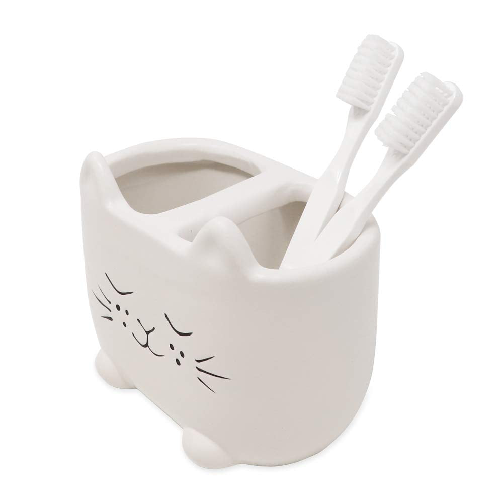 Isaac Jacobs White Ceramic Cat Makeup Brush Holder  Multi-Purpose 2-Section Organizer. Bathroom  Kitchen  Bedroom  Office D?or (2-Section Cup  Pastel White)