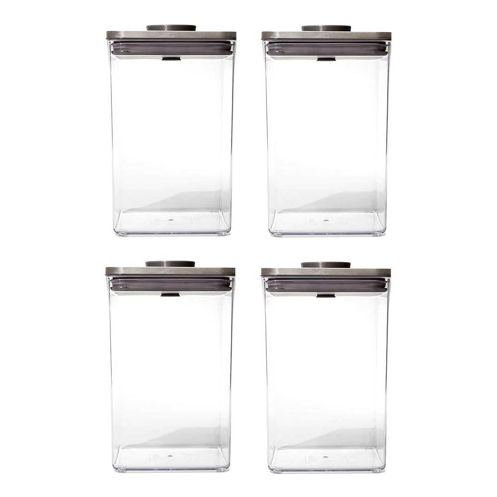 Oxo Steel Pop Container Big Medium Square - 4.4 Qt (Pack Of 4) Airtight Food Storage Containers For Flour, Sugar And More, Grey