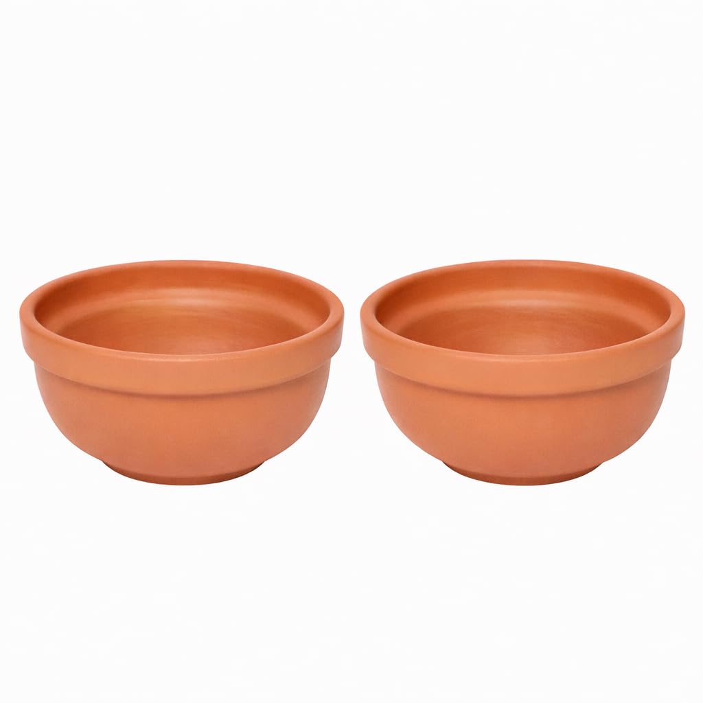 Ksi Terracotta Bowl Set (2 Pieces, B6) Handmade Clay Bowls, Natural NonToxic & EcoFriendly, Biodegradable Serveware, Heat Ret