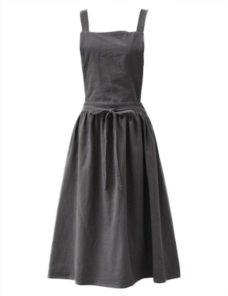 Losofar Women Girls Vintage Apron Gardening Works Cross Back Pinafore Dress (Grey(No Pocket), 33''X 29'')