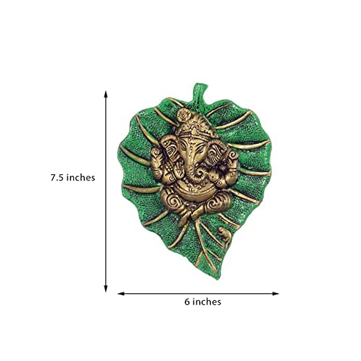 Shri Ganesh God Idol On Peepal Leaf Wall Hanging Statue (6X8 Inch,) (Green)