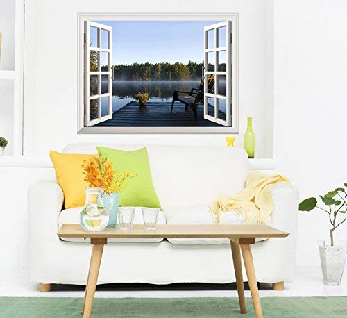 wall26 Removable Wall Sticker Wall Mural - Peaceful Lake View with a Chair on a Wooden Pier Creative Window View Wall Decor - 24 Inchx32 Inch