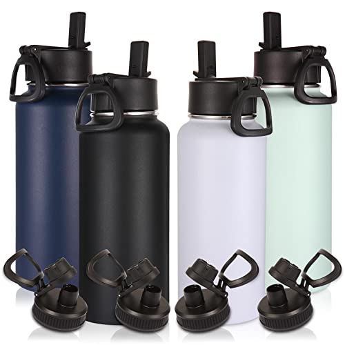 Volhoply 32 oz Insulated Water Bottles Bulk 4 Pack with Straw Lid & Spout Lid Stainless Steel Sports Water Bottle Double Wall Vacuum Thermos Leakproof Wide Mouth Metal Flask for Hiking Camping(Mix 4)