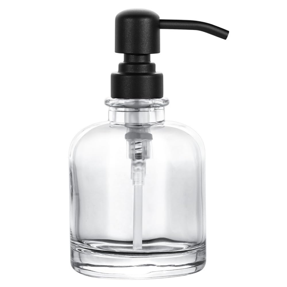Thick Clear Glass Jar Hand Soap Dispenser Bathroom With Matte Black Stainless Steel Pump, 12Ounce Clear Boston Round Bottle Disp