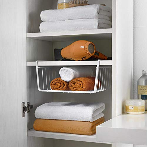Tebery 2 Pack White Under Shelf Wire Basket Hanging Storage Baskets, Under Cabinet Add-On Storage Racks Slide-In Baskets Organiz