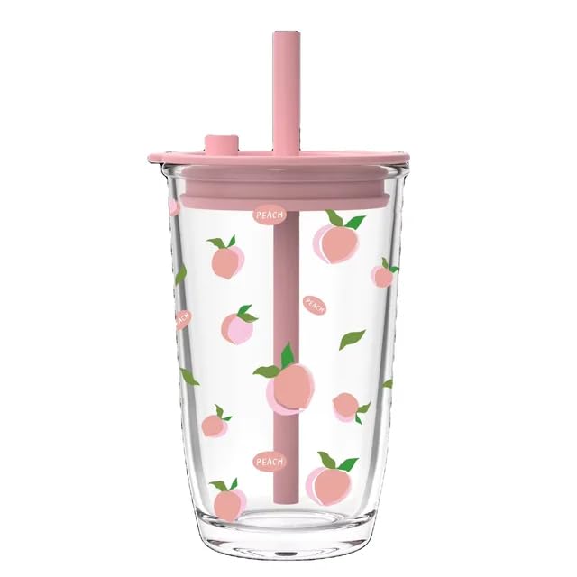 KHOLAD Glass Coffee Tumbler Mug Airtight Lid and Straw Pack of 1, 400ml Reusable Travel Iced Green Tea Sipper Cute Leakproof Aes