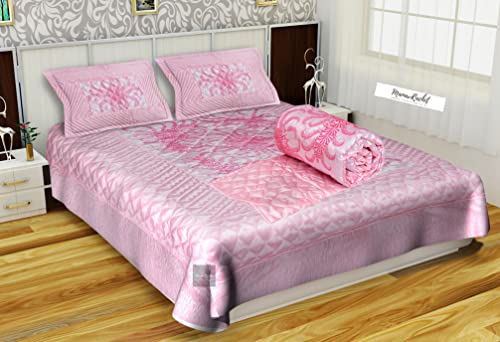 Manavrachit Satin Gold Printed Wedding Bedding/Bedsheet Set For Home & Living Room, King Size, 310 Tc, Pink Vip  Set Of 4 Piece