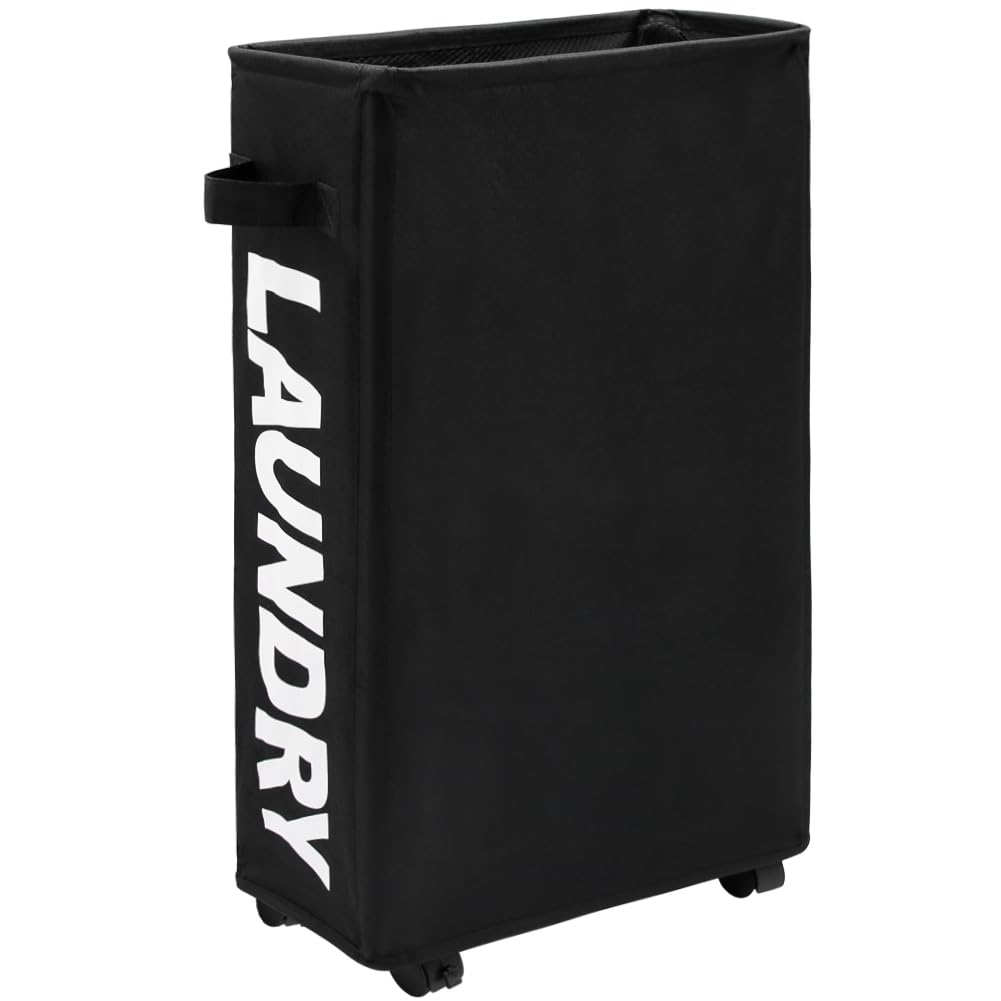 Maxsilan 25'' Slim Rolling Laundry Basket On Wheels, 50L Collapsible Narrow Corner Laundry Hamper, Foldable Storage Bins, Black