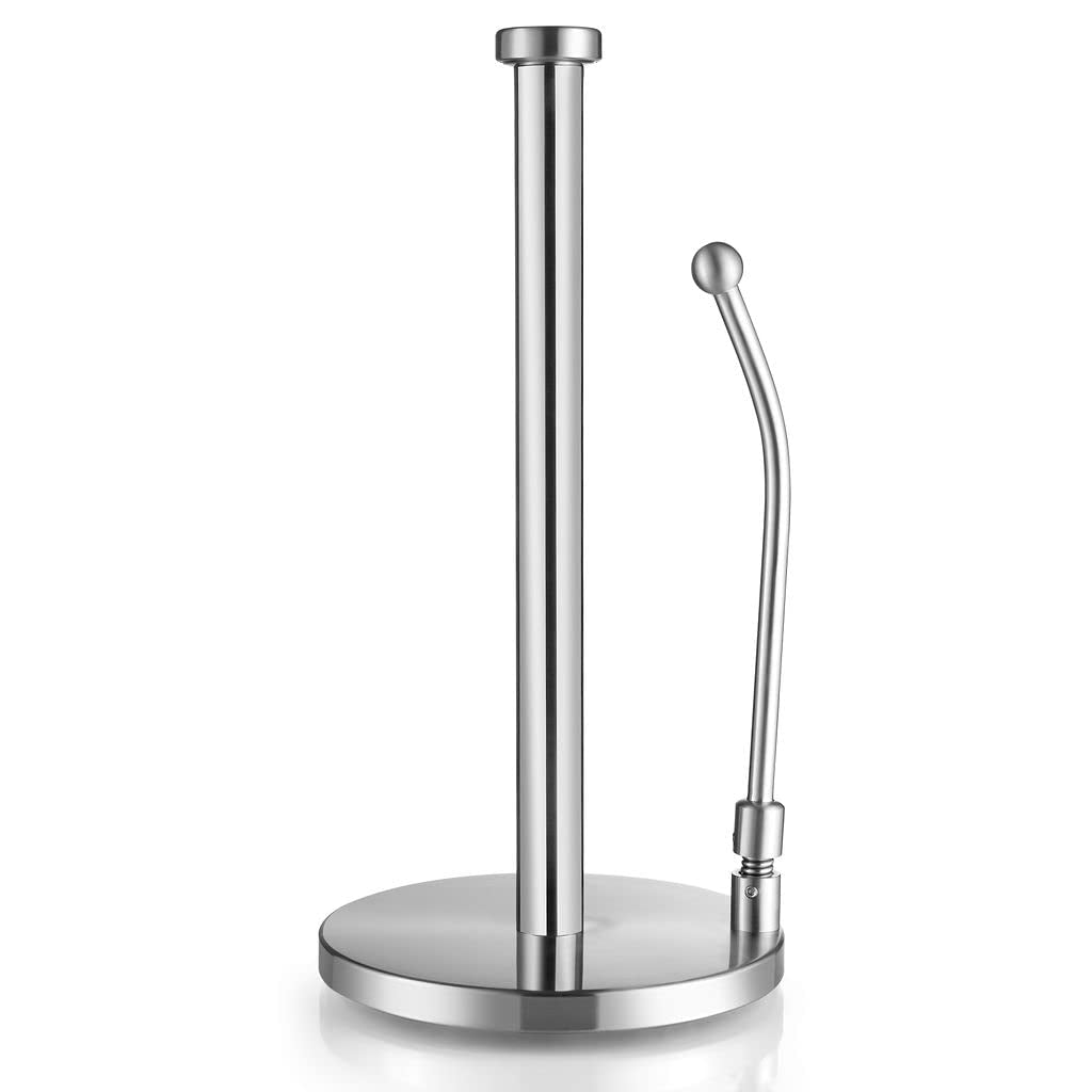 Stainless Steel Paper Towel Holder - Standing Paper Towel Dispenser With Adjustable Spring Arm & Weighted Base For Kitchen, Bath