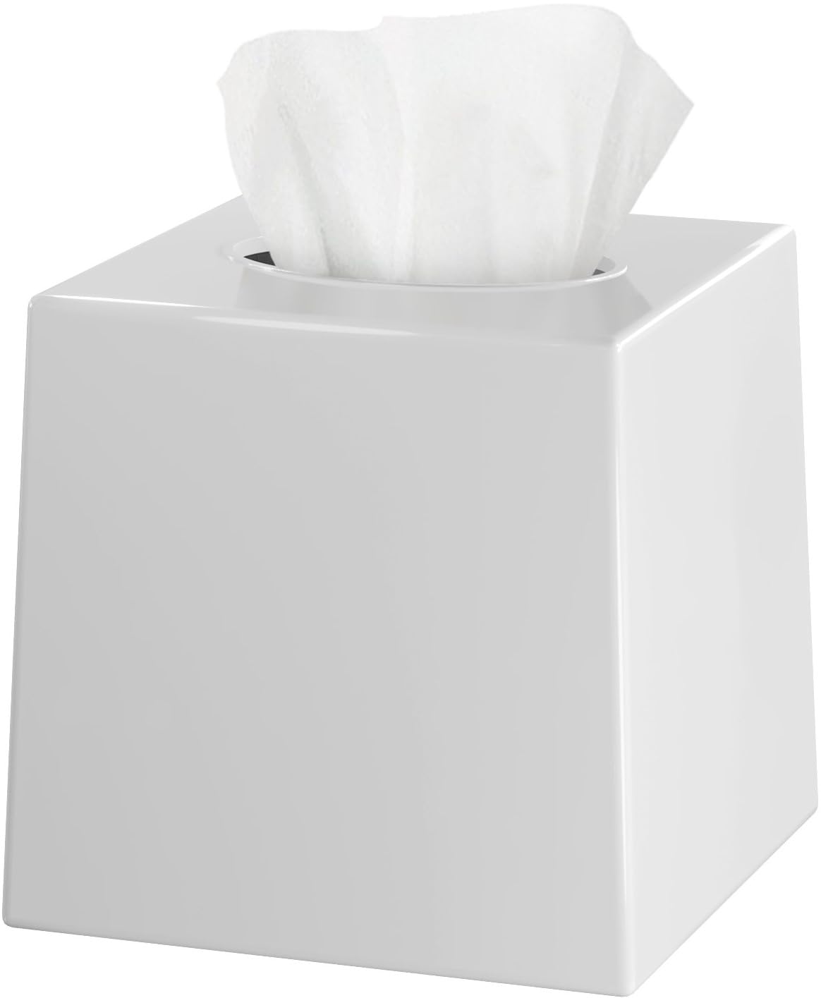 White Tissue Box Cover Square - Plastic Facial Tissue Box Holder - Decorative Cube Tissue Holder Dispenser Fits Any Vanity Count