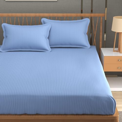Homefab India 160 Tc Stripe Glace Cotton Double Bedsheet With 2 Pillow Covers - (90X90 Inches) - Sky Blue