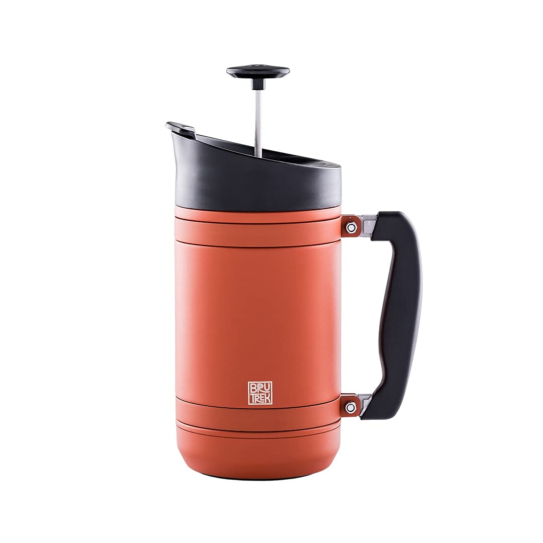 Brutrek Basecamp Coffee Press - Double Wall Insulated Stainless Steel - Bru-Stop Technology, No Grounds In Coffee, No Spill Lid