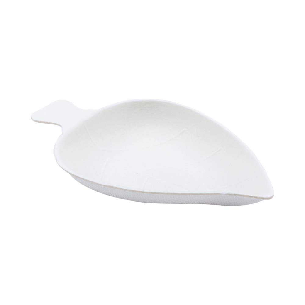 Restaurantware Pulp Tek 3.7 Inch Mini Plates 100 Leaf Shaped Bagasse Spoons - Easy To Hold Premium White Bagasse Appetizer Spoon