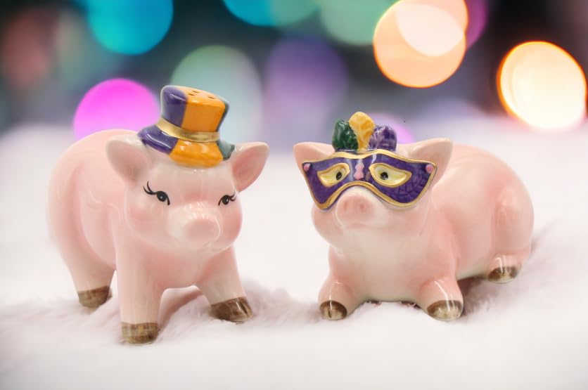 Fine Ceramic Mardi Gras Costume Pigs Couple Salt & Pepper Shakers Set, 3-5/8''