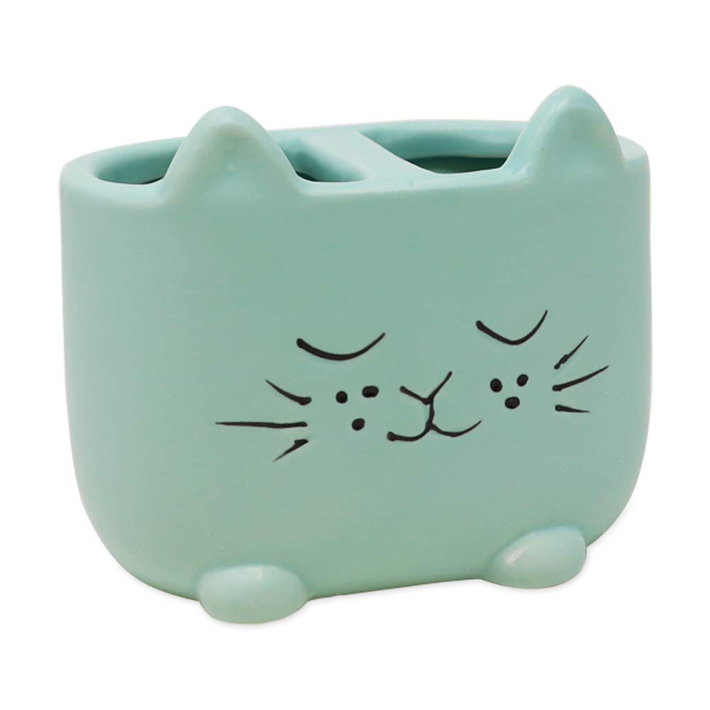 Isaac Jacobs Blue Ceramic Cat Makeup Brush Holder, Multi-Purpose 2-Section Organizer. Bathroom, Kitchen, Bedroom, Office D?Or (2