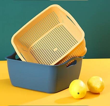 Jucoan 2 Pack 9 & 8 Quart Large Kitchen Strainer Colander Bowl Set, Double-Layer Plastic Fruits Vegetable Washing Basket, Drain