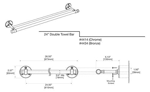 Gatco 4414 Cafe 24'' Double Towel Bar, Chrome | Wall Mounted Double Towel Rack For Bathroom, Total Length 26.50''