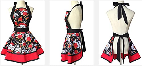 Hyzrz Halloween Costume Skull Skeleton Bones Featured Retro Aprons For Women Girls Cake Kitchen Cook Apron (Skull Head)