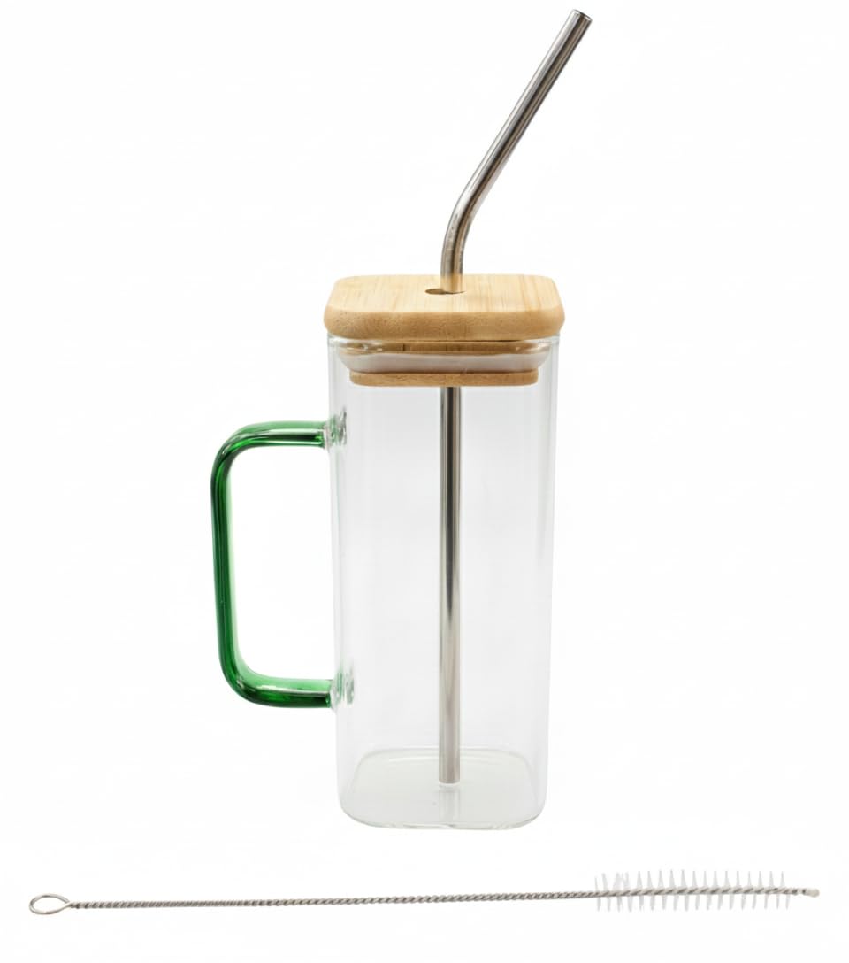 Shoppers Hub Pnq Vama Glass Tumbler Cup With Stainless Steel Straw,Cleaning Brush And Wooden Bamboo Lid For Water, Juice, Coffee