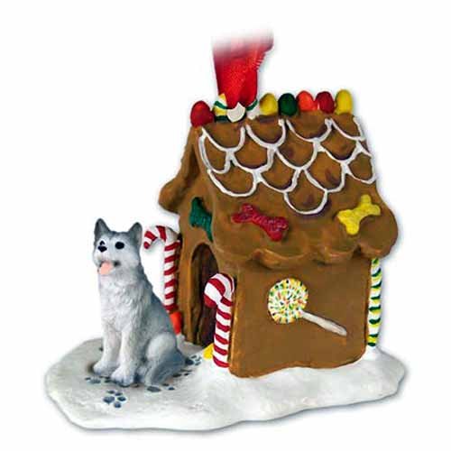 Siberian Husky Gingerbread House Christmas Ornament Gray-White Brown Eyes - Delightful!