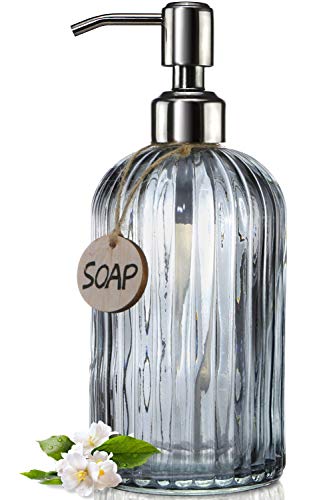 JASAI 18 Oz Vertical Stripes Kitchen Soap Dispenser with 304 Rust Proof Stainless Steel Pump  Refillable Liquid Soap Dispenser for Bathroom  Kitchen  Hand Soap  Dish Soap (Clear Grey)
