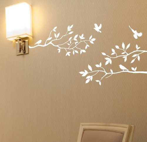 Tree Branches Wall Decal With Birds Vinyl Sticker Nursery Leaves 40'' Wide X 18'' High As Shown (Matte White)