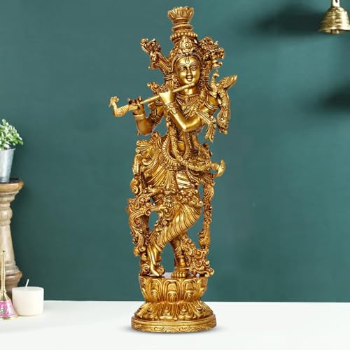Artvarko Lord Murli Manohar Krishna Krishan Brass Statue Murti Gift & Home Dcor Big Size- Height 14 Inches