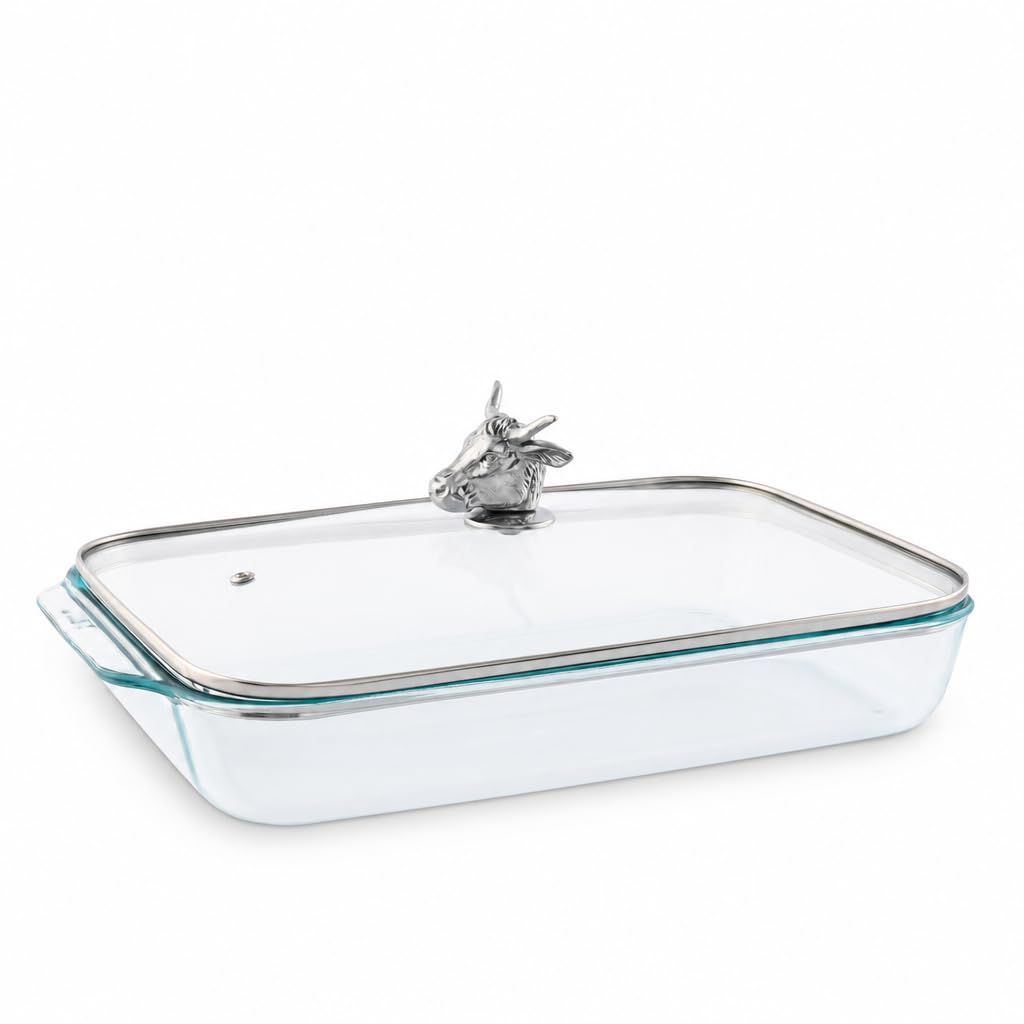 Arthur Court Glass Casserole Dish with Bull Handle  Western Style Baking Dish  3 Quart  9.25 x 13.5 Inches