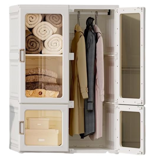 Antbox Foldable Plastic Kids Wardrobe Organizer | Collapsible Wardrobe For Kids With 4 Doors, 3 Compartments, And 1 Hanger Rod |