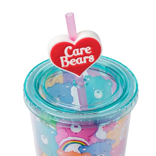 Silver Buffalo Care Bears Multi Bear All Over Plastic Cold Cup With Lid And Topper Straw, 24 Ounces